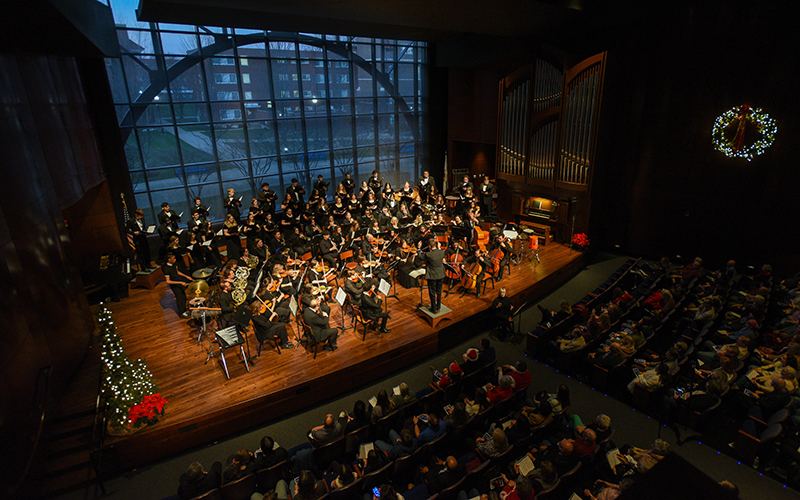 choral and instrumental ensembles perform together in Crimi Auditorium during the annual Winterfest Concert