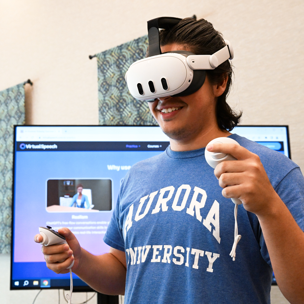 student using virtual reality headset to practice interviewing